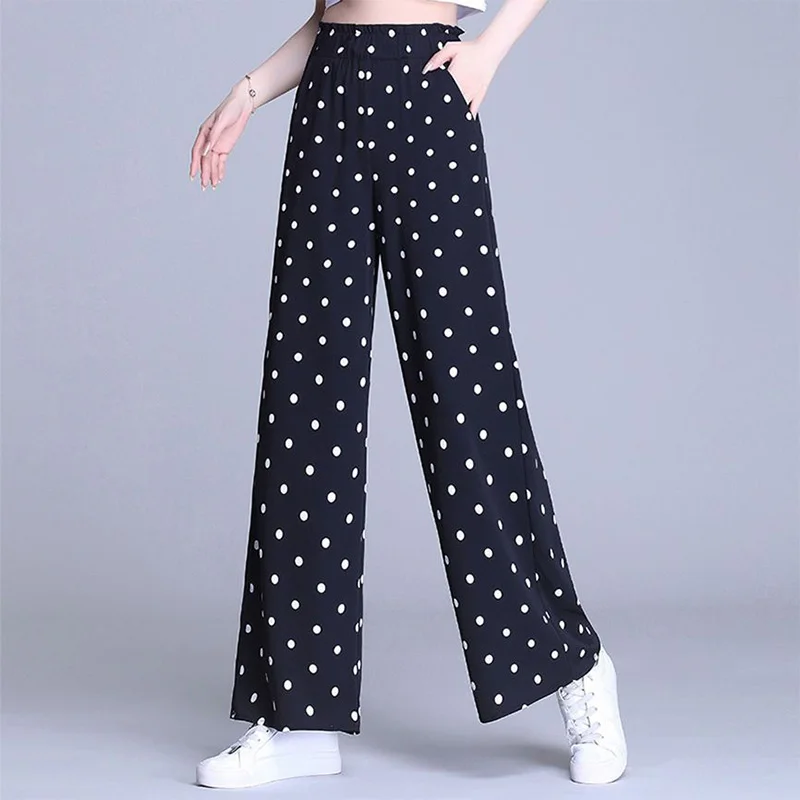 Polka Dot Printing Wide Leg Trousers Summer Women Korean High Waist Casual Straight Falling Sensation Loose Nine Points Pants