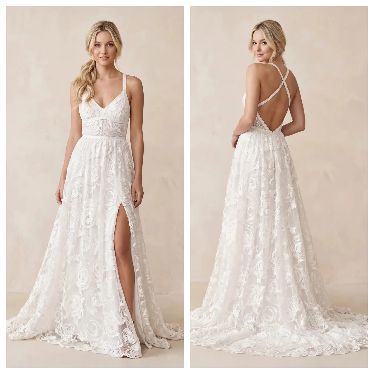 

Allover Rose Lace Chic Halter A-Line Bohemian Wedding Dress Crisscross Back With Slit Bridal Gowns Evening Gowns Customizable