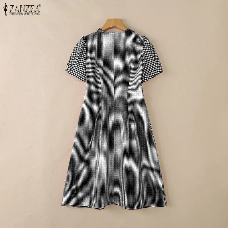 ZANZEA Summer Women's Elegant Midi Dress V-Neck Short Puff Sleeve Ruffled Hem Gingham Dresses Vacation Casual Cinch Waist Robes