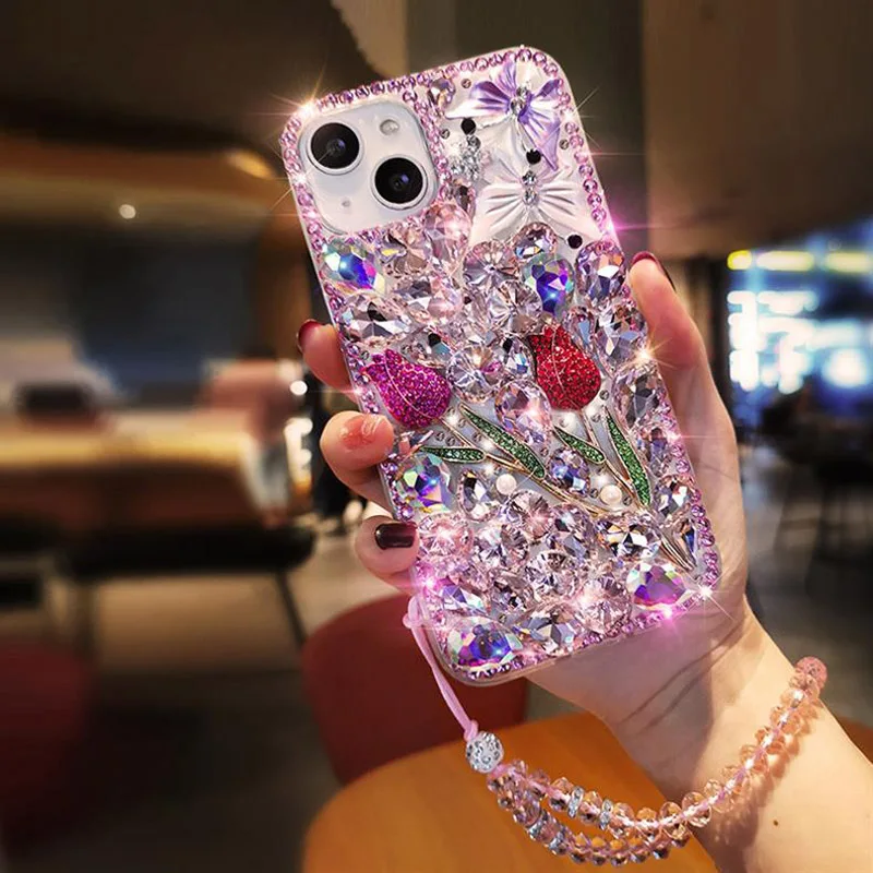 

Чехол с бриллиантами для Samsung Galaxy S25 Edge S24 Ultra S23 S21 Plus S20 FE S22 Ultra S10 S9 Plus Чехол для телефона со стразами и цветком
