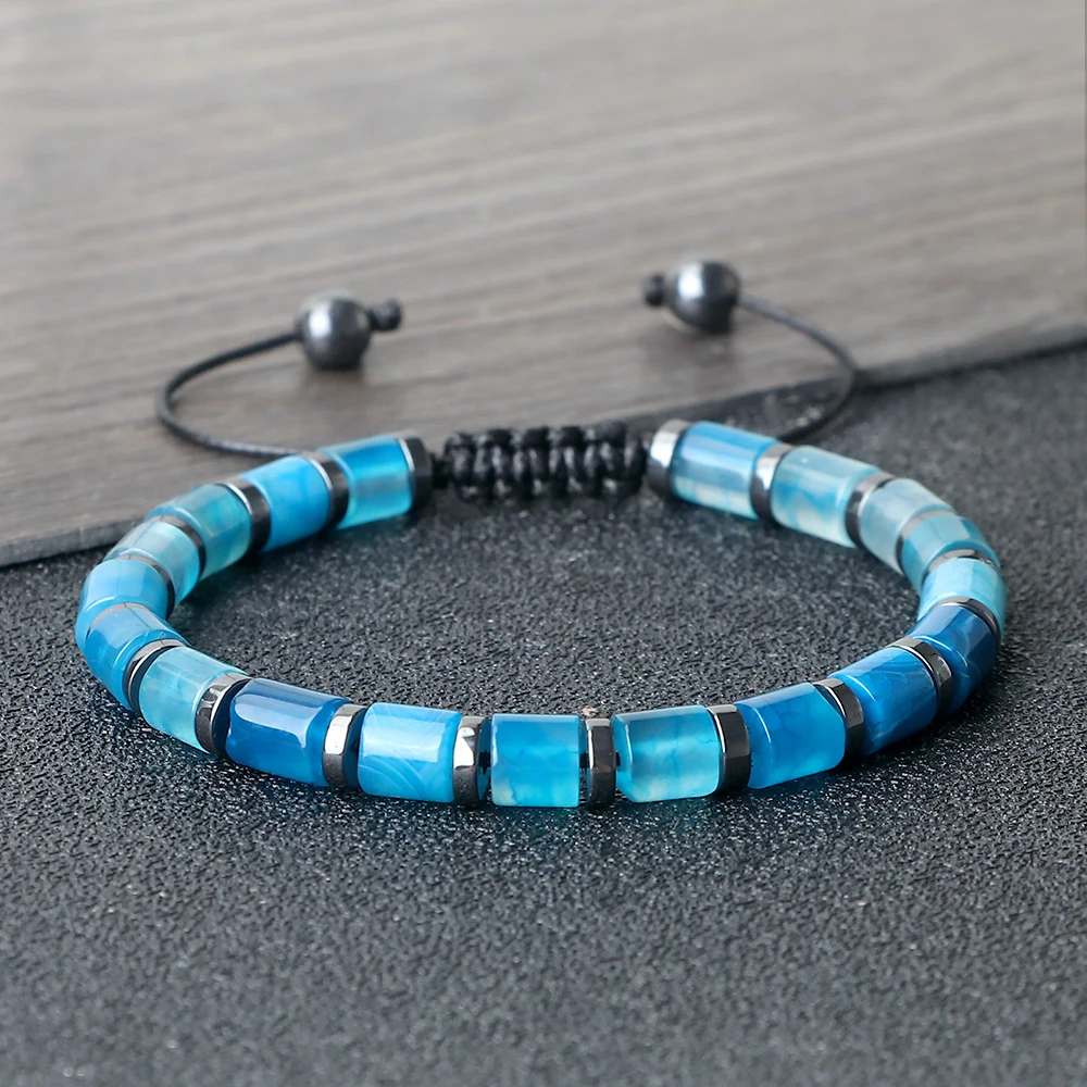 New Blue Cylinder-Shaped Braided Bracelet Round Black Gallstone Spacer Agate Bangle Chain Women Men Natural Pulsera Jewelry Gift