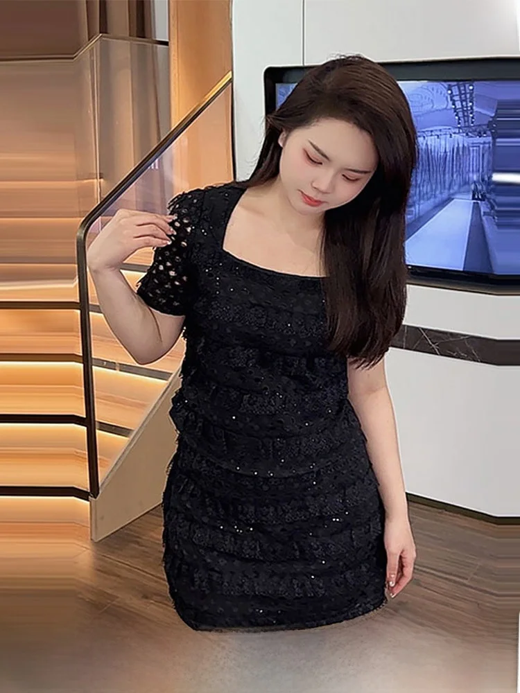 

Новый летний женский комплект больших размеров, кружевной комплект с высокой талией и квадратным воротником, юбка с пайетками