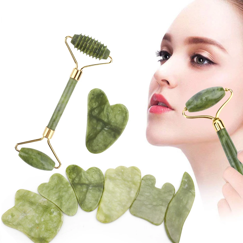 

2pcs Xiuyu Facial Massager Jade Roller Gua Sha Set Real Natural Jade Facial Roller Anti Aging Face Beauty Set For Eyes Neck Body