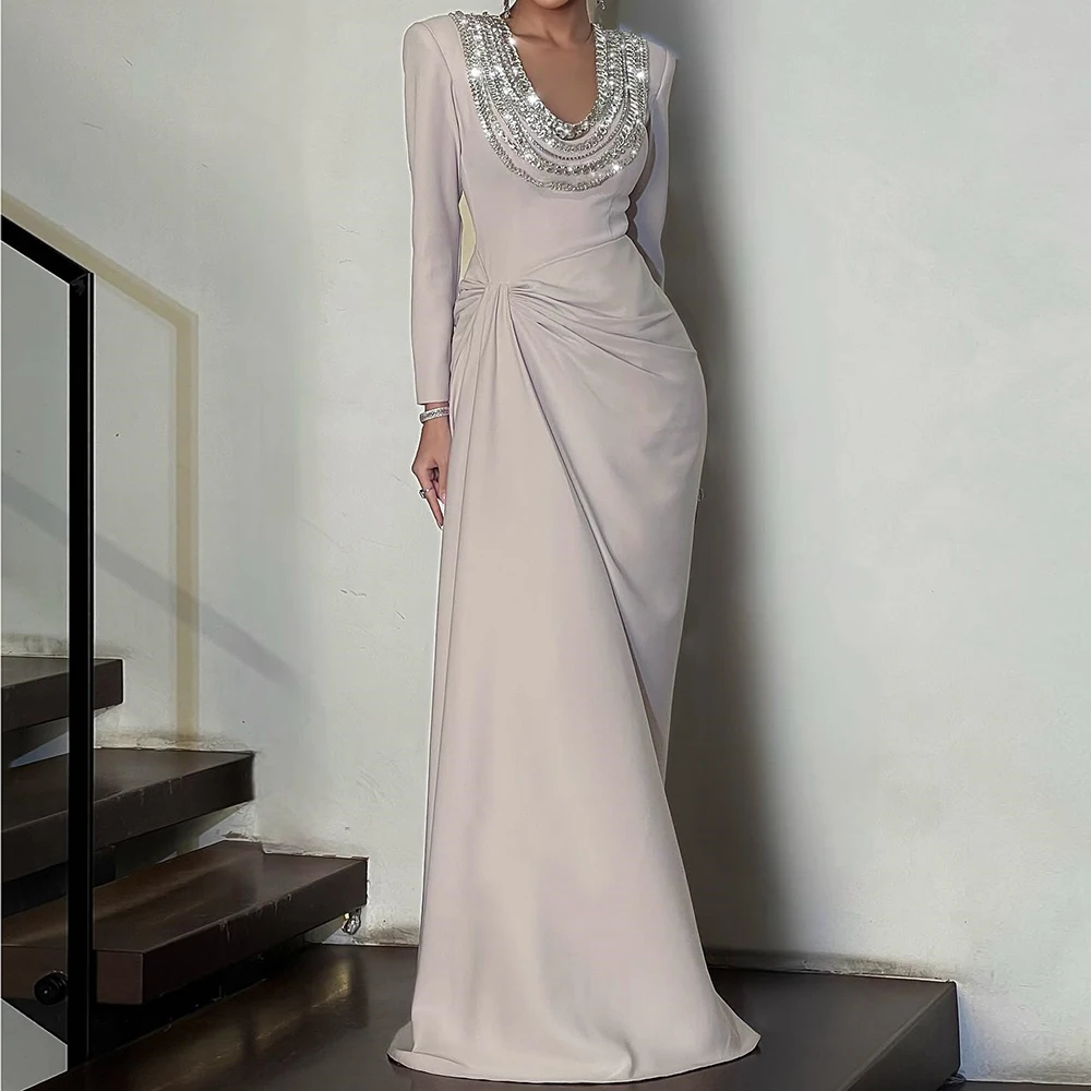 Customized A-line Evening Dresses Floor-length Scoop-neck Full Sleeve Prom Gown Fashion Crystal Simple Pleat Draped Party Gown