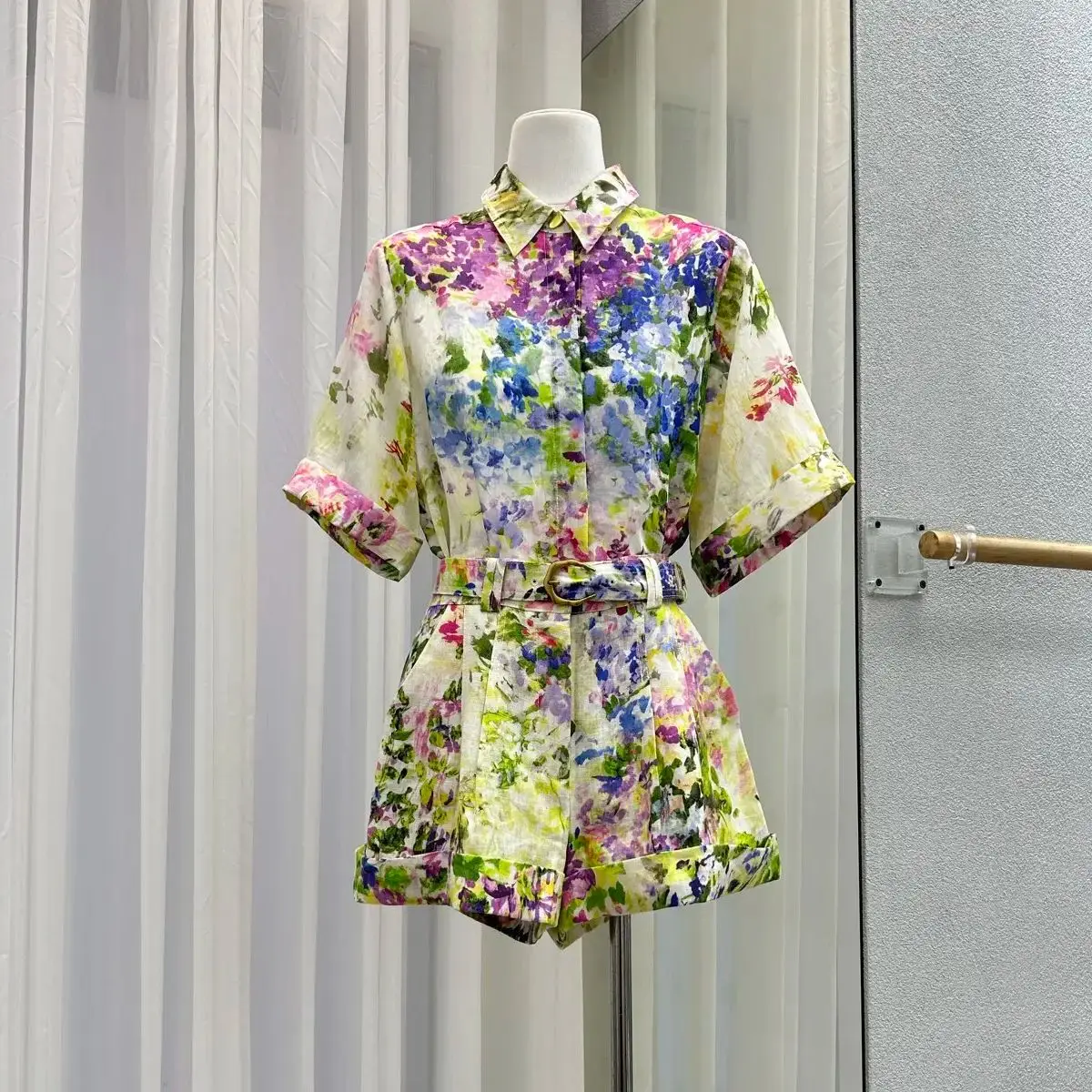 

Women Flower Print Casual Set Turn-down Collar Short Sleeve Single Breasted Shirt tops + High Waist Linen Shorts