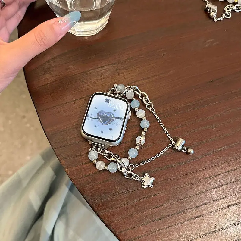 Transparent blue double chain cat eye stone bead compatible iWatch strap 38mm 40mm 41mm 42mm 44mm 45mm 49mm handmade strap