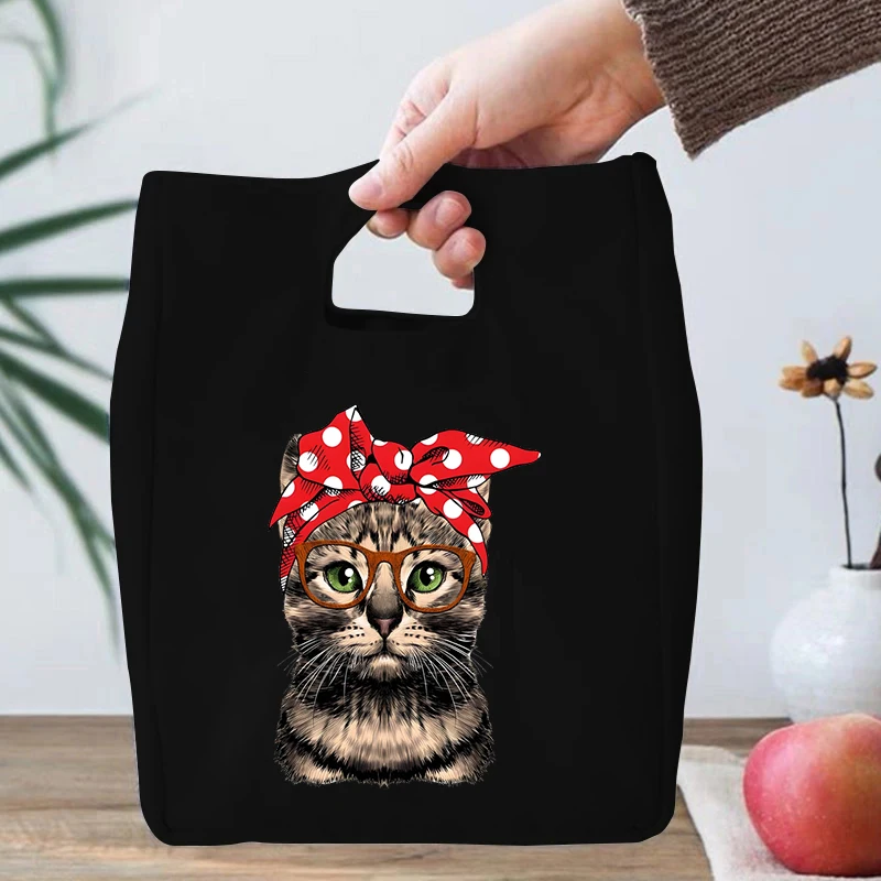 Kids Women Cartoon Cow Cat Lunch Bag Cats Series Insulated Lunch Pouch Student School Office Bento Bag Portable Picnic Food Bag