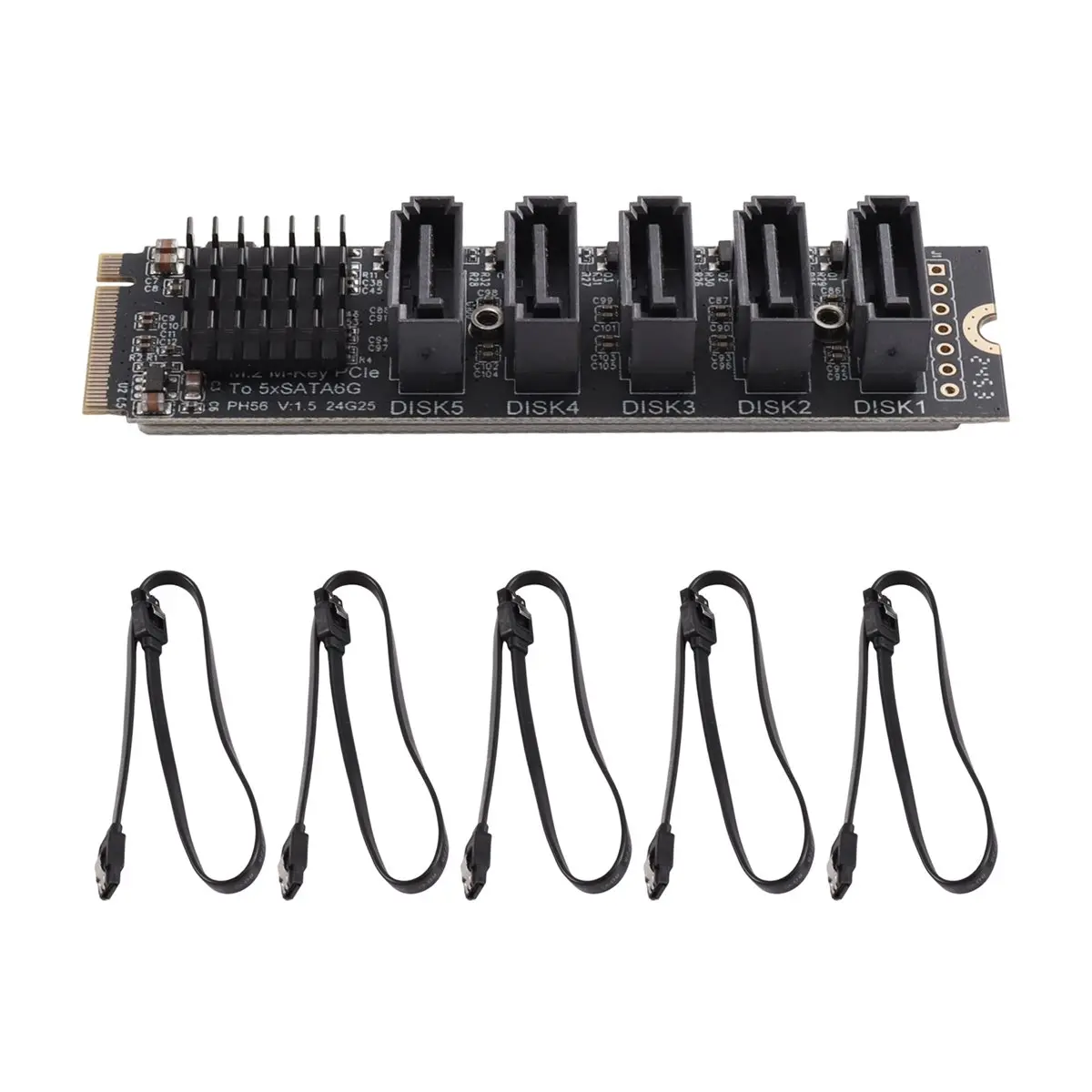 M.2 to SATA 3.0 Riser Card 5 Port M.2 NVME to SATA3.0 Converter with 5xSATA 3.0 Cable for NVME to SATA SSD Adapter Card