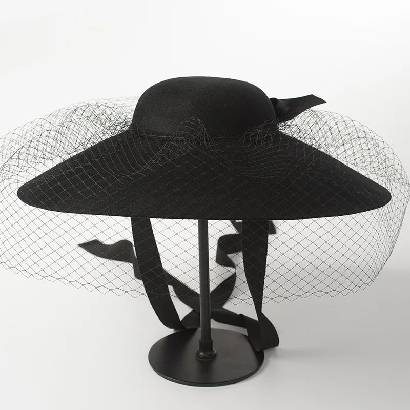 Kapelusz Fedora Damski z Szerokim Rondem, Wełniany, Formalny, Filcowy, na Scenę, Model, Zimowy, Modny, z Siatką, Czarny