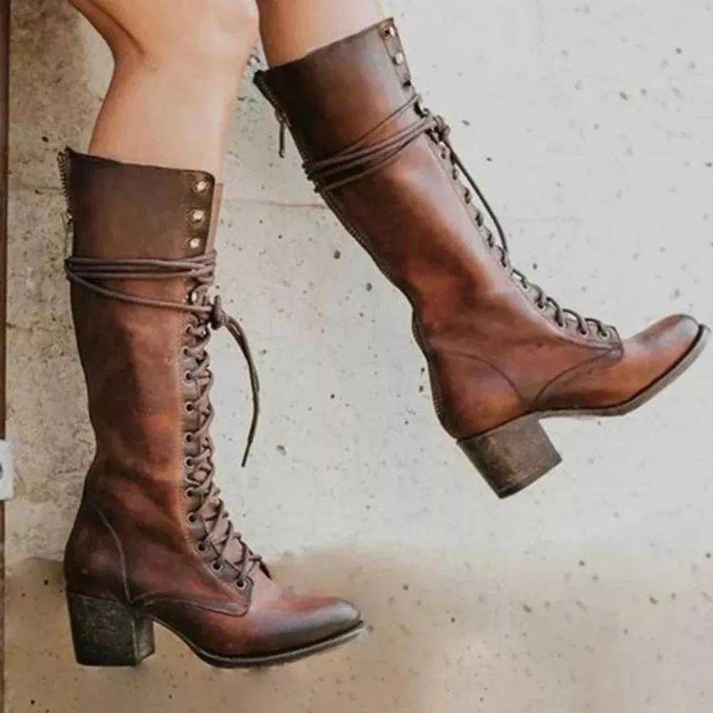 

Women's New Lace-Up Knee-High Boots - Chunky Heel Perfect for Autumn/Winter Fashion Ideal for Date Nights & Casual Gatherings