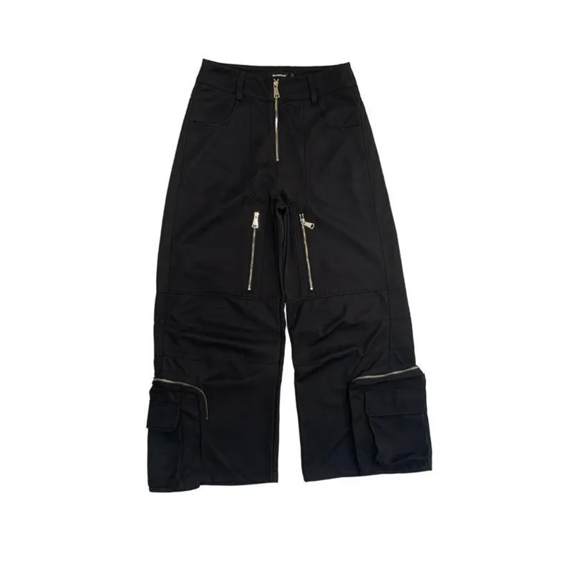 WVGA Nerazzurri Black Large Pocket Multi-Zipper Deconstructed Design Loose Wide-Leg Pants ins W15426