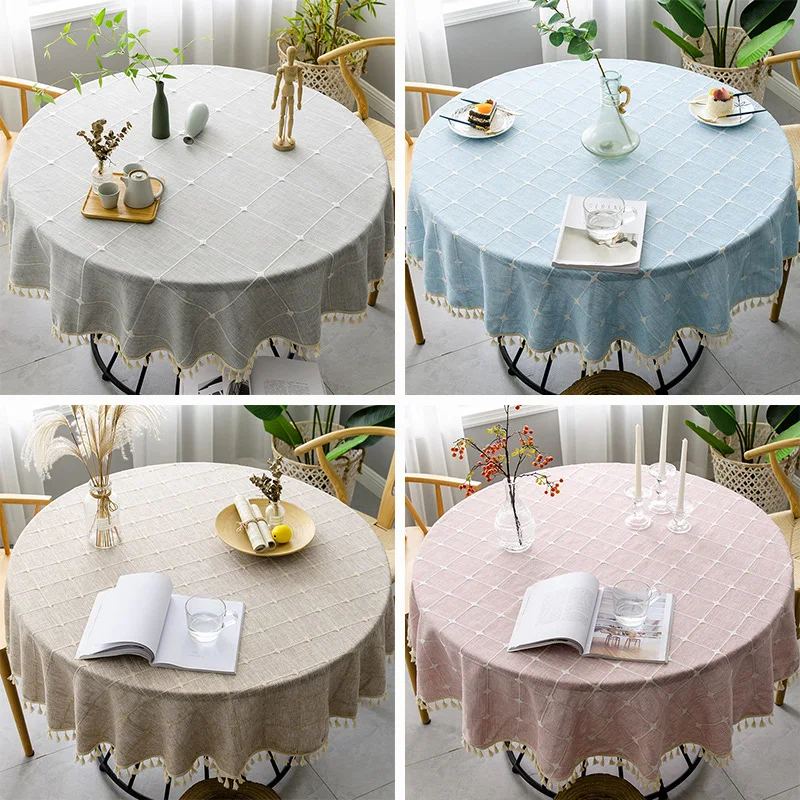 

Cotton Linen Round Tablecloth, Boho Washable Plaid Table Cover with Tassels Farmhouse Rustic Table Cloths for Party Wedding