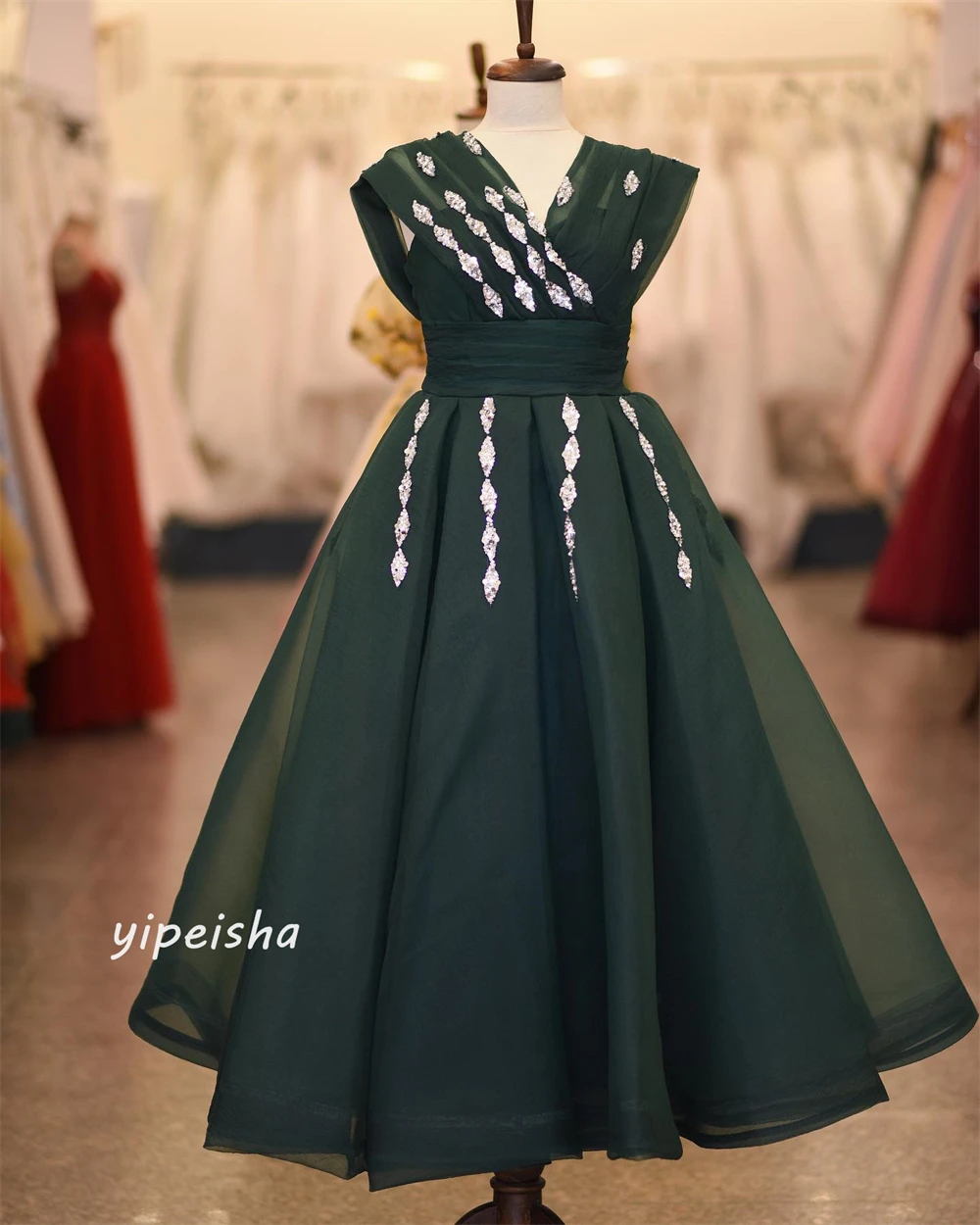 Customized Evening  Sexy Casual  Organza Beading Draped Pleat Wedding Party A-line V-Neck Bespoke Occasion Gown Midi Dresses