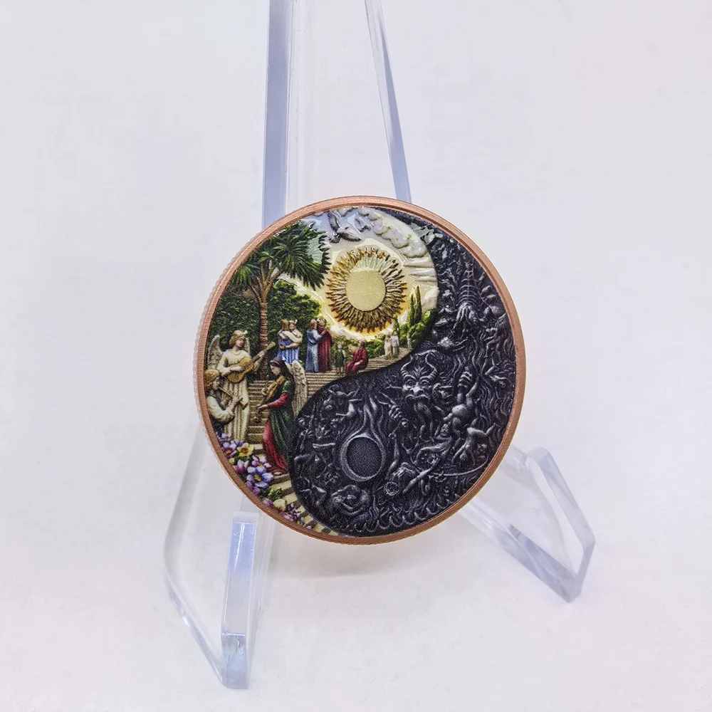 1 OZ .999 Fine Copper Heaven Hell Angel Devil Commemorative Coin Color Print Yin Yang Feng Shui Art Collectible Decor Gift