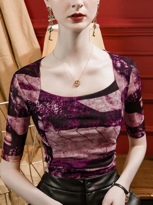 

Tie Dye Printed Me Base irt Square Collar Middle Sve Netting Underwear Top Street Sle Summer Faion for Women