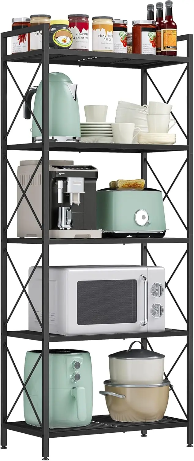 

5-Tier Metal Storage Rack with X Side Frames, Dense Mesh Shelves, Adjustable Feet, for Entryway Kitchen Living Room Bathroom