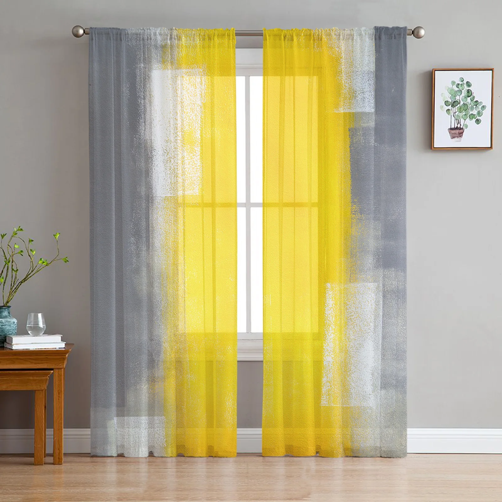 Yellow Gray Abstract Art Texture Tulle in Sheer Curtains for Living Room Bedroom Kitchen Window Treatment Chiffon Curtain Blinds