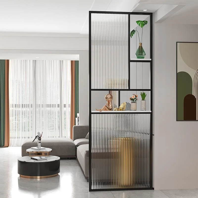 Living room with a long rainbow glass partition, iron wrought screen, dining room
