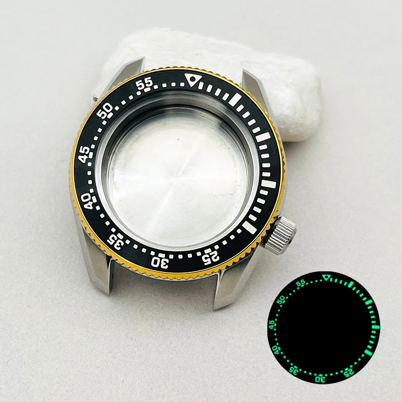 

42mm SPB185 Silver Watch Cases Gold Bezel Wave Bottom Cover Fits Seiko 7S26 4R36 NH35 NH36 Movements Watch Repair Replace Parts