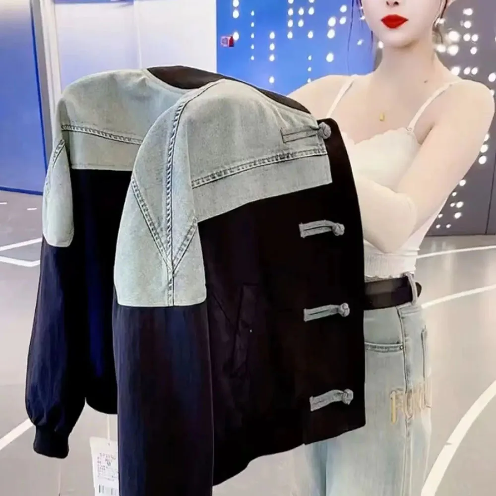 2024 Spring And Autumn New Women's Fashion ins Contrast Denim Splicing Short Jacket Casual Loose Korean Tops Female Tide.