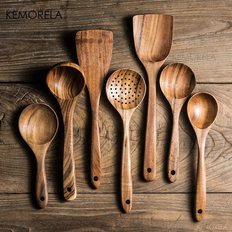 4/7Pcs Teak Natural Wood Tableware Spoon Ladle Turner Long Rice Colander Soup Skimmer Cooking Spoons Scoop Kitchen Tool Set