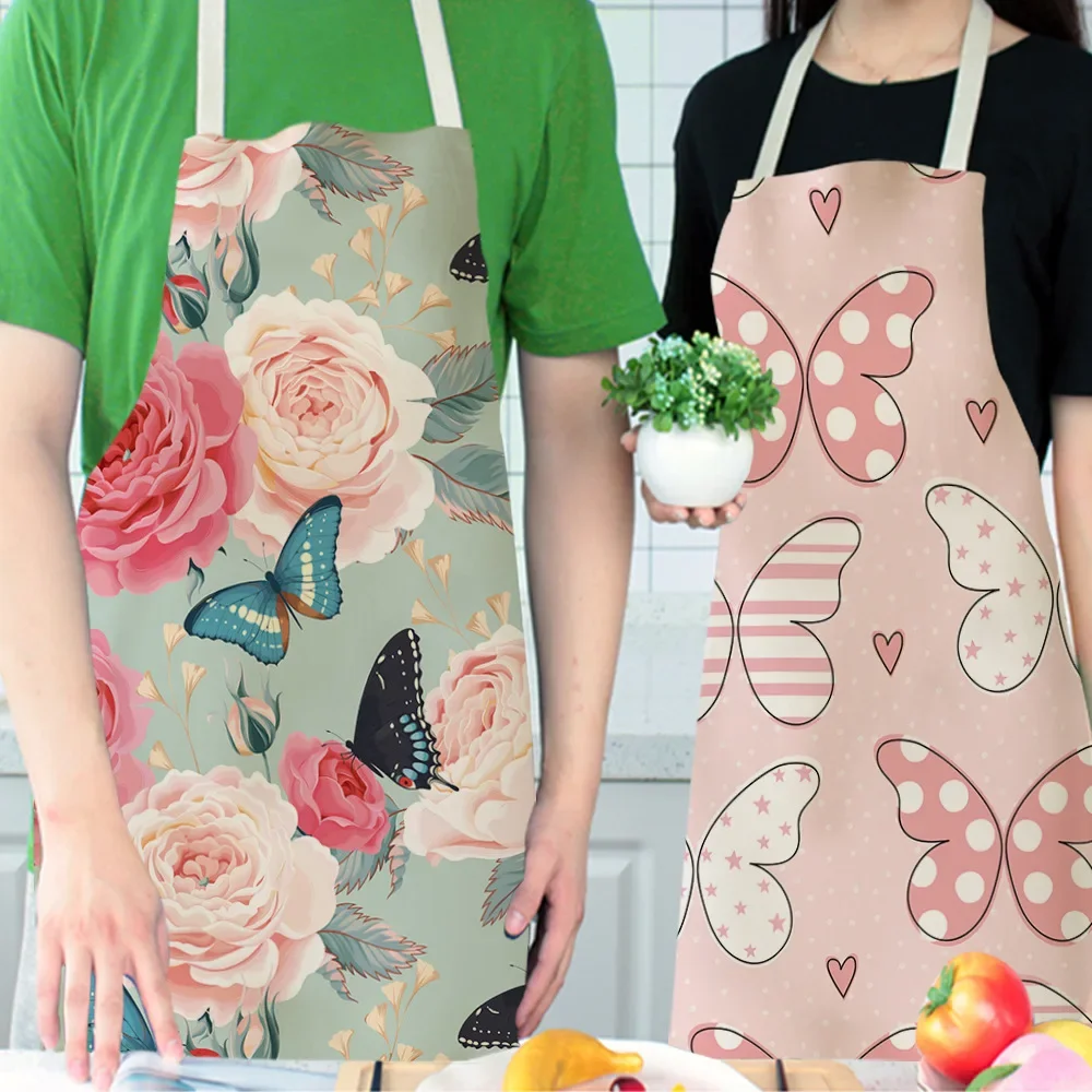 Butterfly Flowers Linen Kitchen Apron for Woman Dress Kawaii Kids Cartoon Pink Garden Aprons Cooking Accessories Home Decor