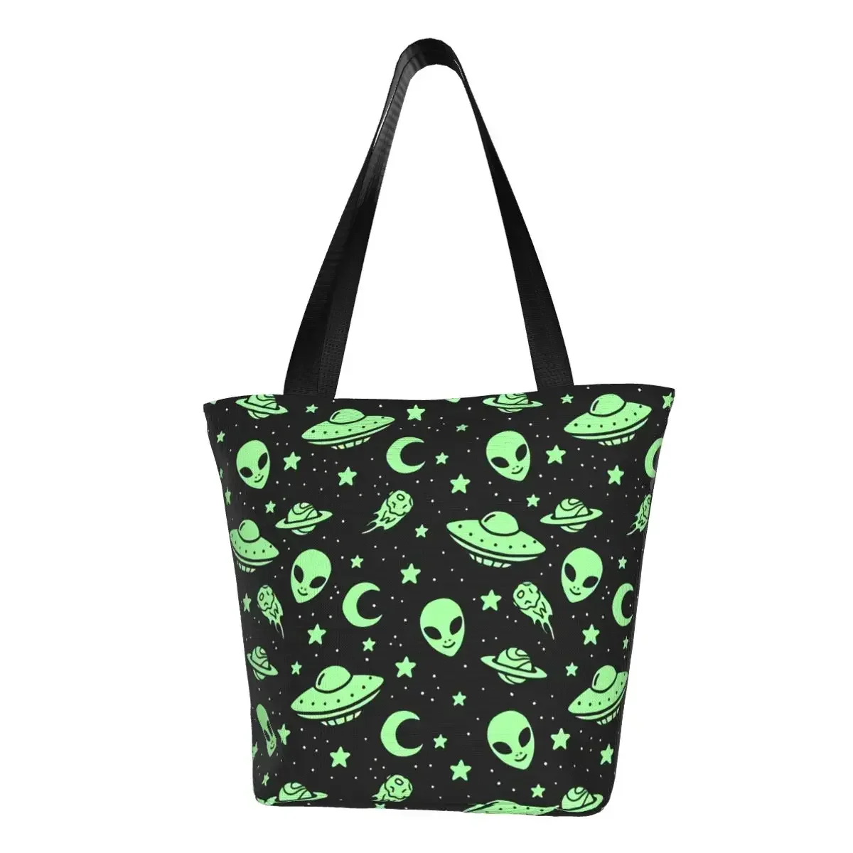 

Reusable Green Alien UFO Moon Shopping Bag Women Canvas Shoulder Tote Bag Washable Groceries Shopper Bags