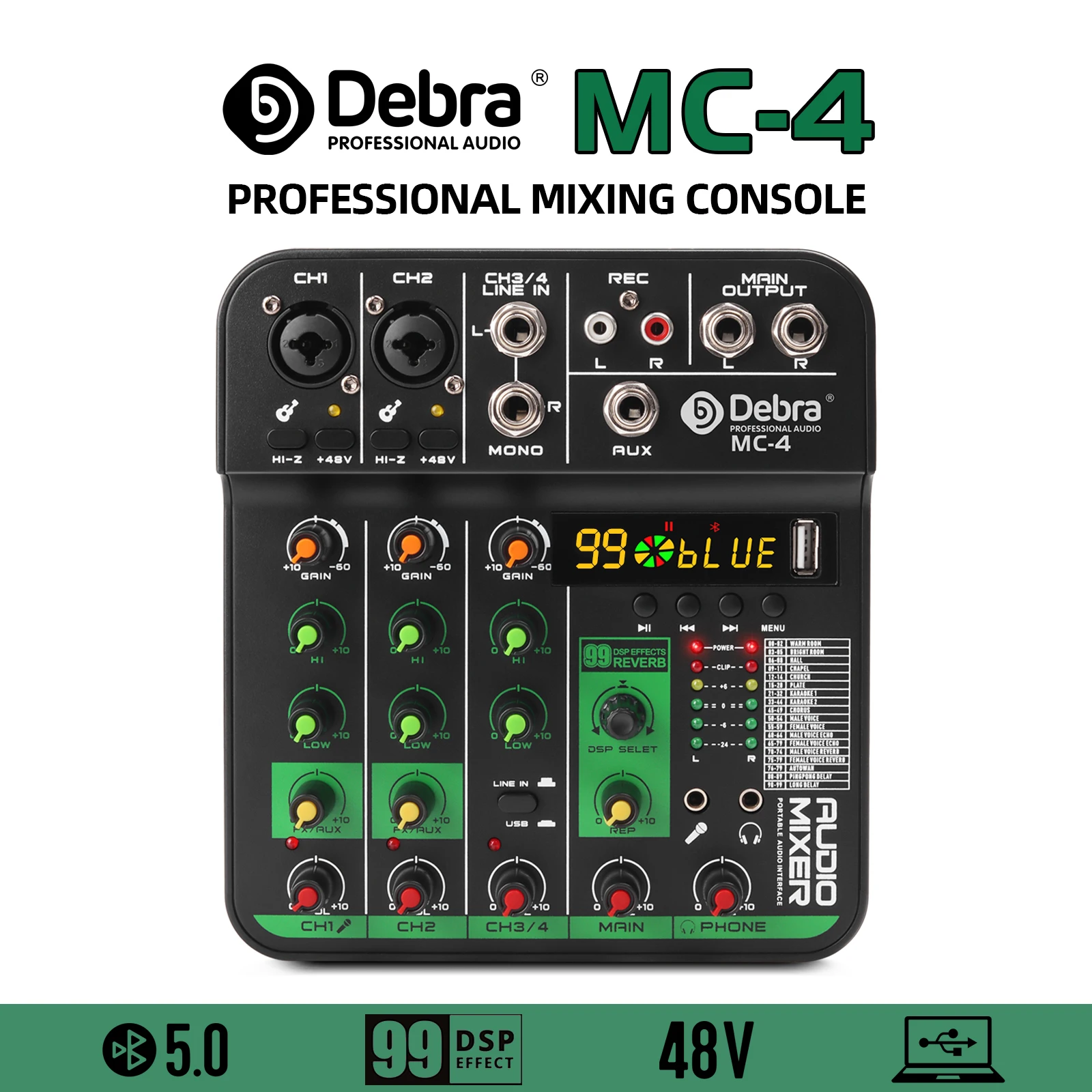 

Профессиональный 4-канальный микшерный пульт Debra MC4, 99 DSP-эффектов реверберации, Bluetooth 5.0, фантомное питание 48В, для компьютерной записи.