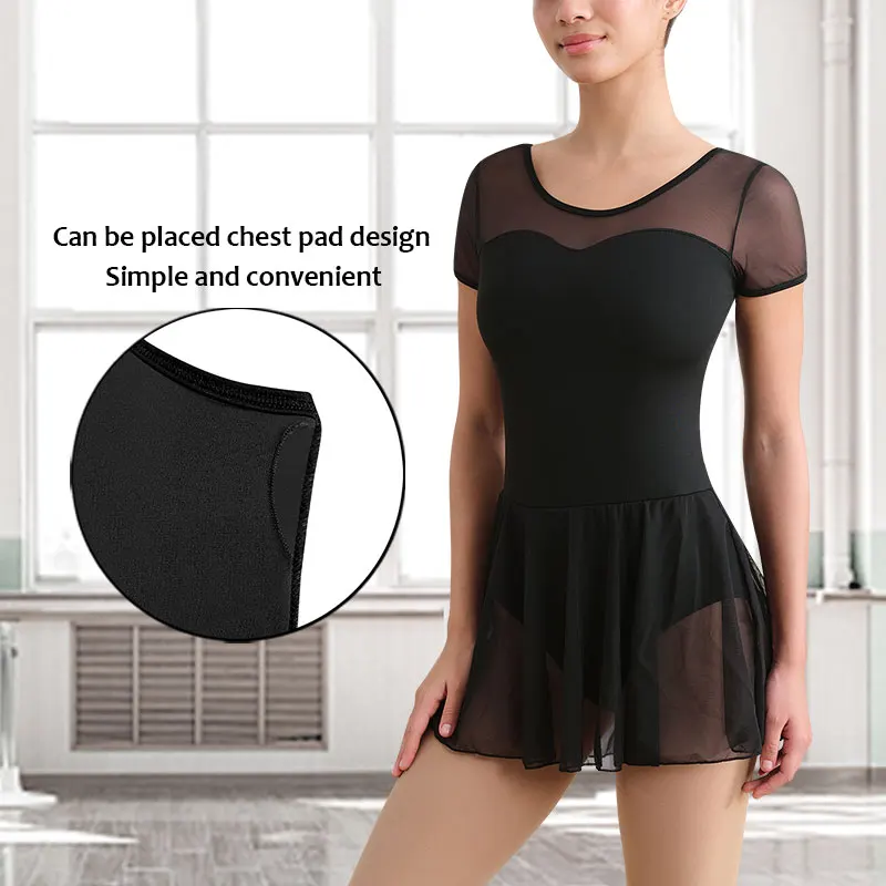 Maillot de Ballet de Manga Corta con Malla para Mujer, Vestido de Danza para Adultos con Escote en Forma de Corazón y Forro Suave en la Parte Delantera