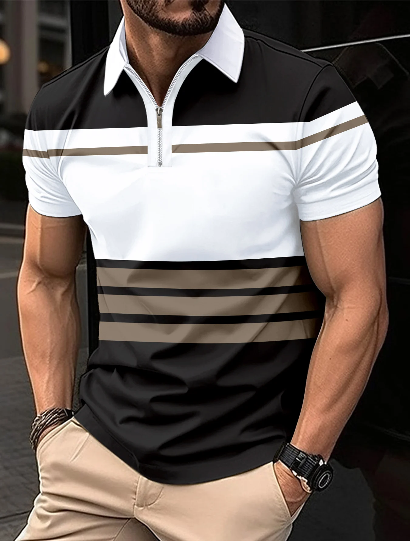 Men\'s Best-Selling Summer Short-Sleeved POLO Shirt Spliced Striped Fashion Men\'s Shirt casual Business Lapel Street POLO Shirt