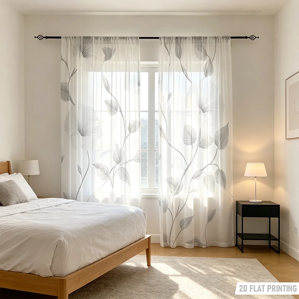 2PCS Digital Print Sheer Curtain, Ink Wash Gray Vine, Oriental Art Botanical - Voile Drapes for Bedroom Living Room Decor