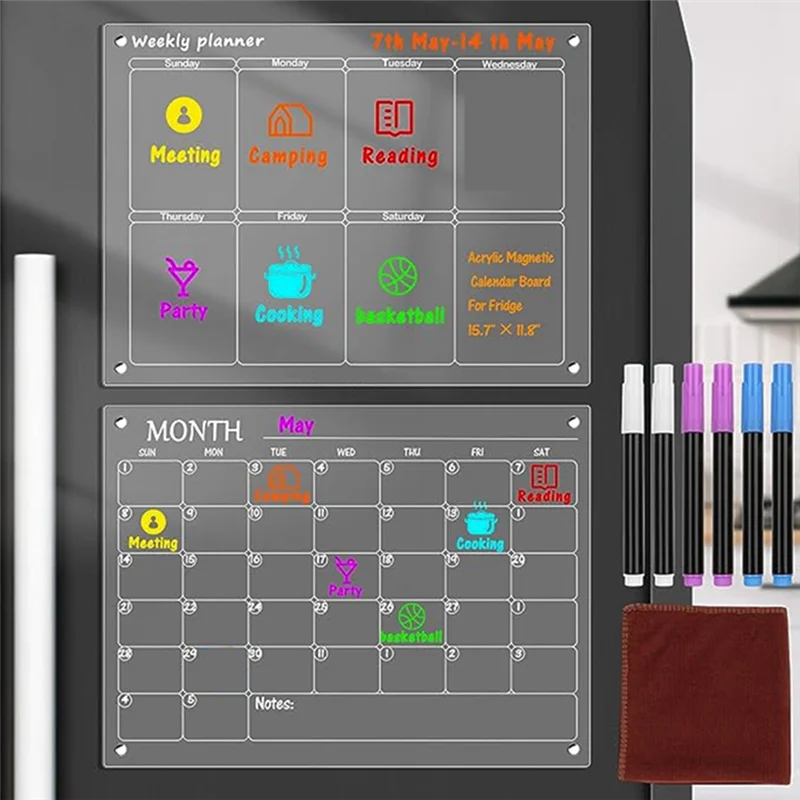 المفكرة المغناطيسية التقويم الاكريليك مخطط الوجبات الشهري الأسبوعي لوحة قابلة للمسح التقويم الأسبوعي الثلاجة رسالة المجلس دائم