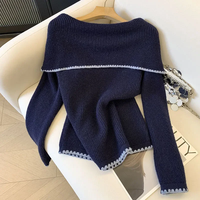 Maglione a pois Moda donna Sexy Slash Neck Pullover lavorato a maglia Coreano Elegante maglieria bianca Maglioni slim a maniche lunghe invernali