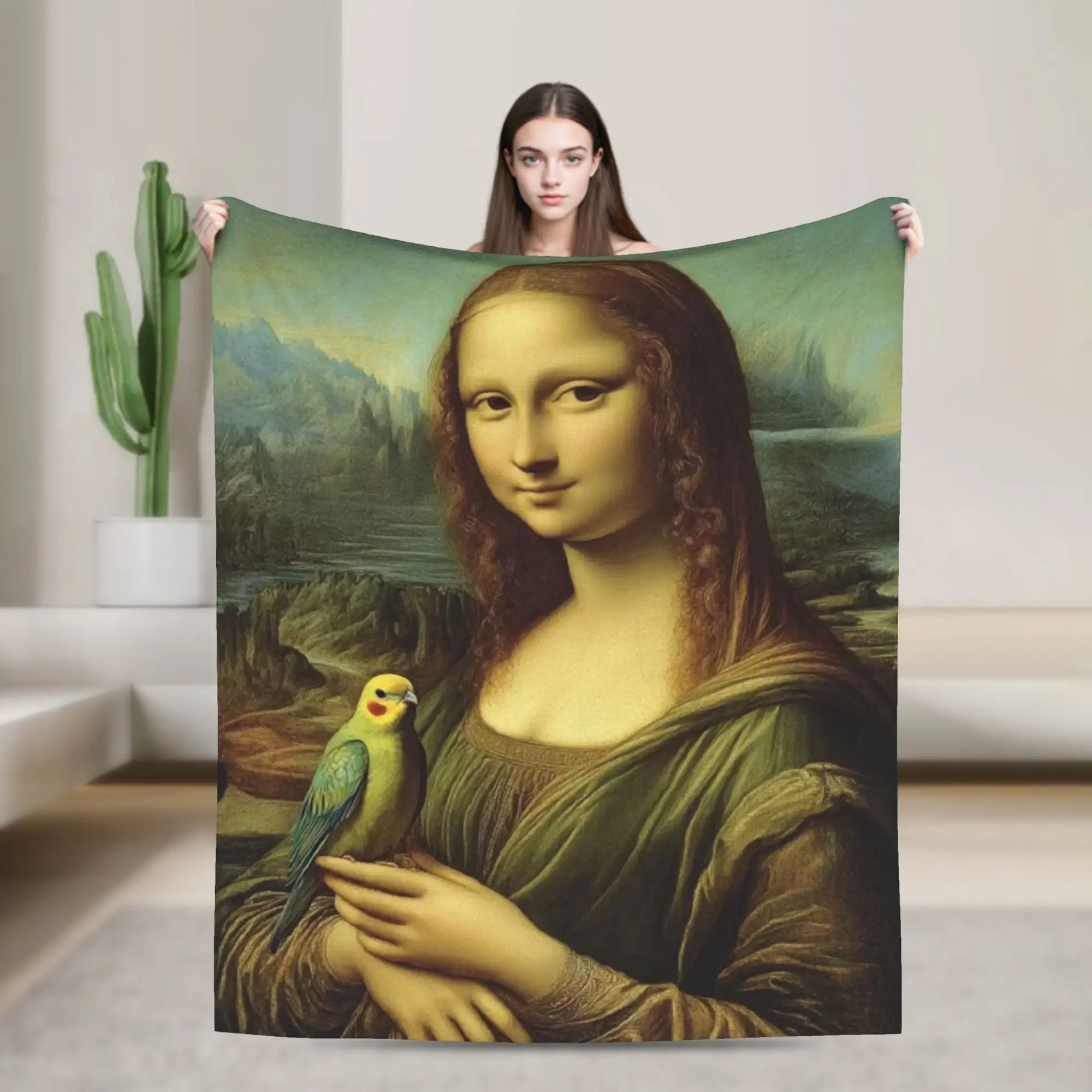 Cute Parrot Mona Lisa Flannel Blankets Girls  Warm Comfy Bedding Throws Winter Outdoor Bedspread Sofa Bed Cover