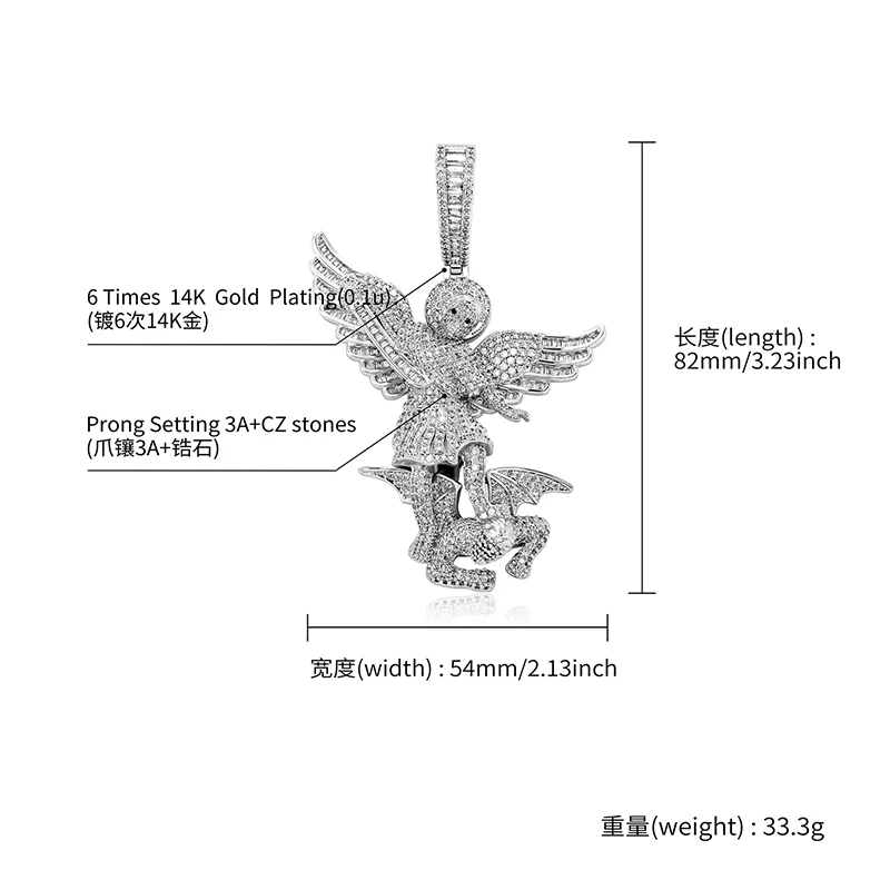 Hip Hop Micro Paved AAA Cubic Zirconia Bling Iced Out Angel Defeats Demon Pendants Necklace for Men Rapper Jewelry Gift