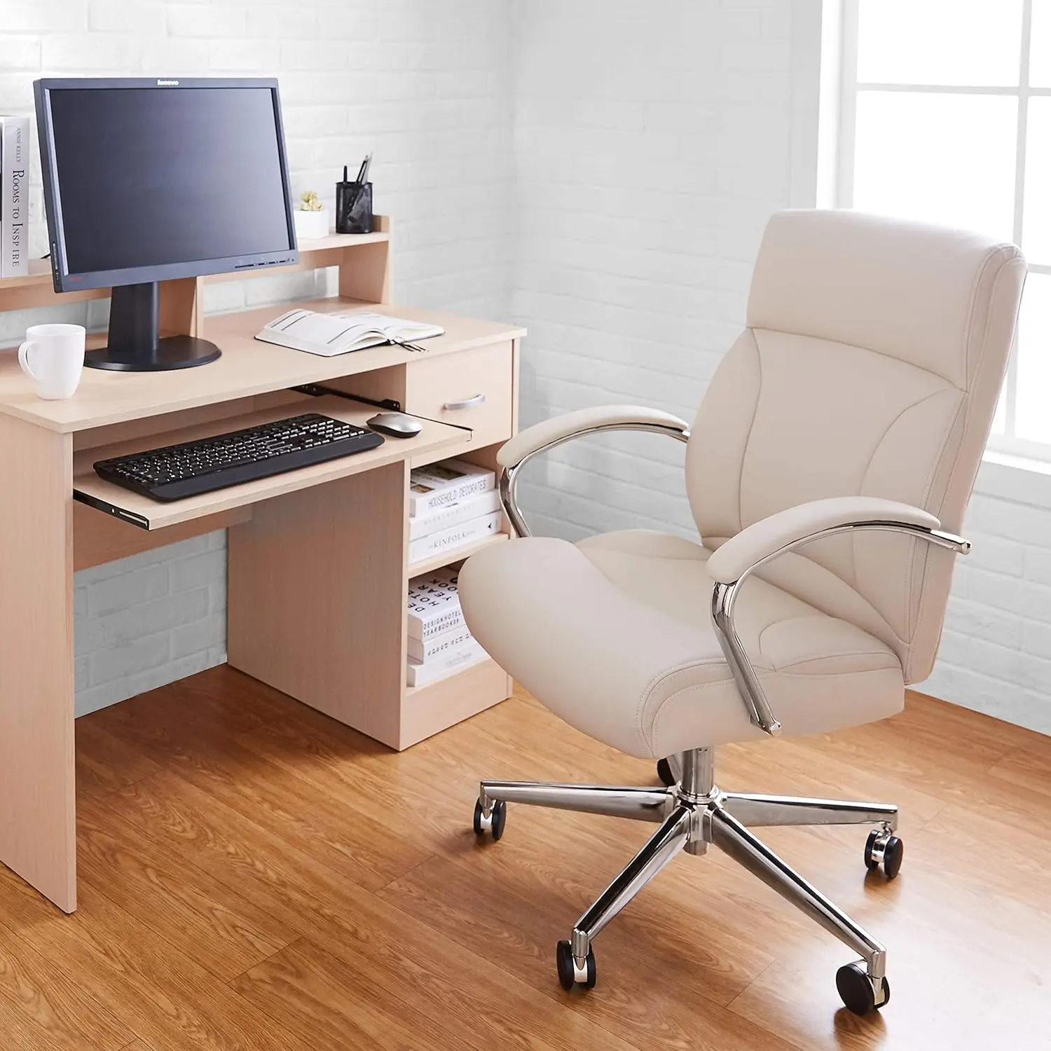 Executive Desk Chair, 275lb Capacity, Oversized Cushion, Ivory Bonded Leather, 29.13