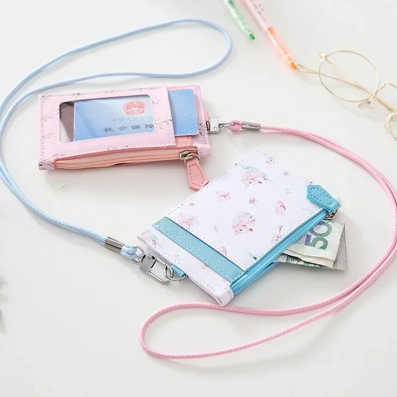 Women's Flower Pu Leather Card Bags ID Bus Credit Card Holder with Neck Strap Lanyard Badge Holder Coin Purse Money Bags Wallet