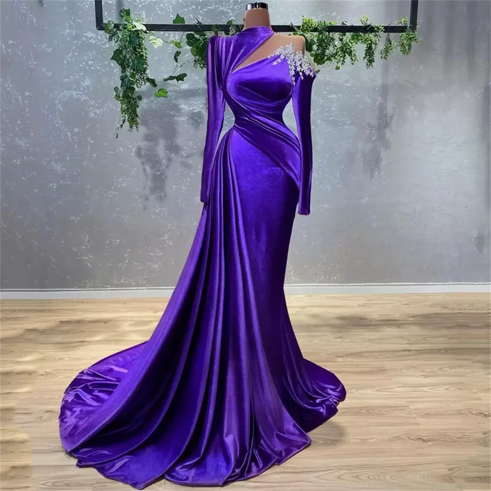 Princess Prom Purple Occasion Crystals Beaded Sleevel Floor-Length Dress Ladies Satin Ruffle Solid Color 2022 Temperament Formal