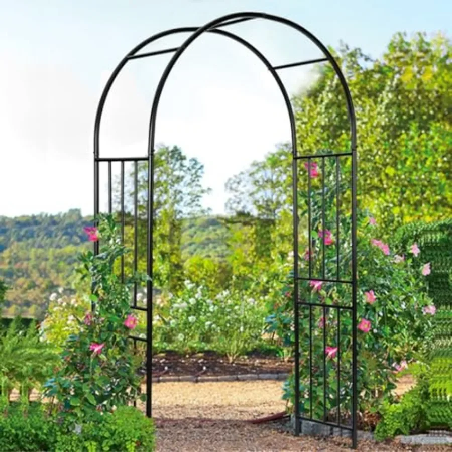 Metal Garden Arch, 7.2ft/86in Outdoor Arbor for Climbing Plants Flowers, Black Powder-Coated Steel Trellis for Wedding, Garden,