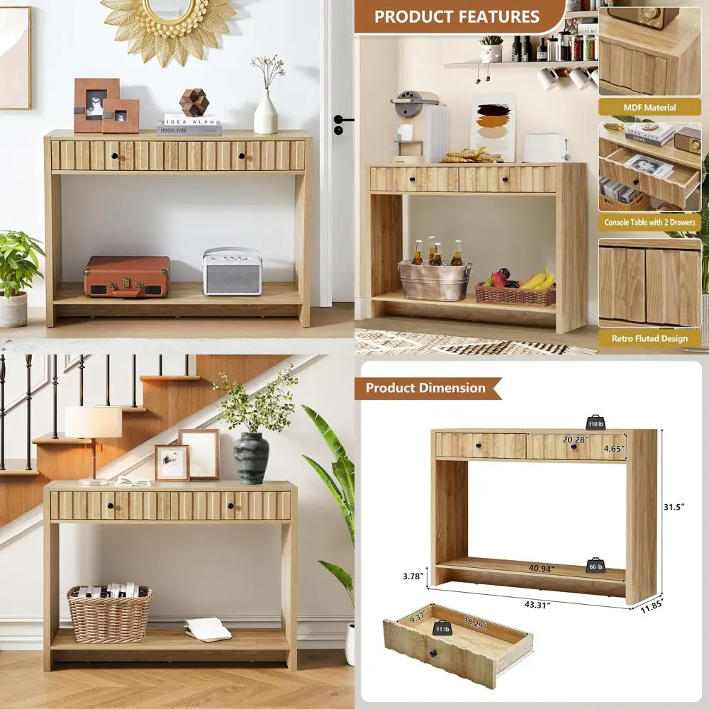 

Современный узкий консольный столик середины века с ящиками для хранения и полкой для прихожей или дивана