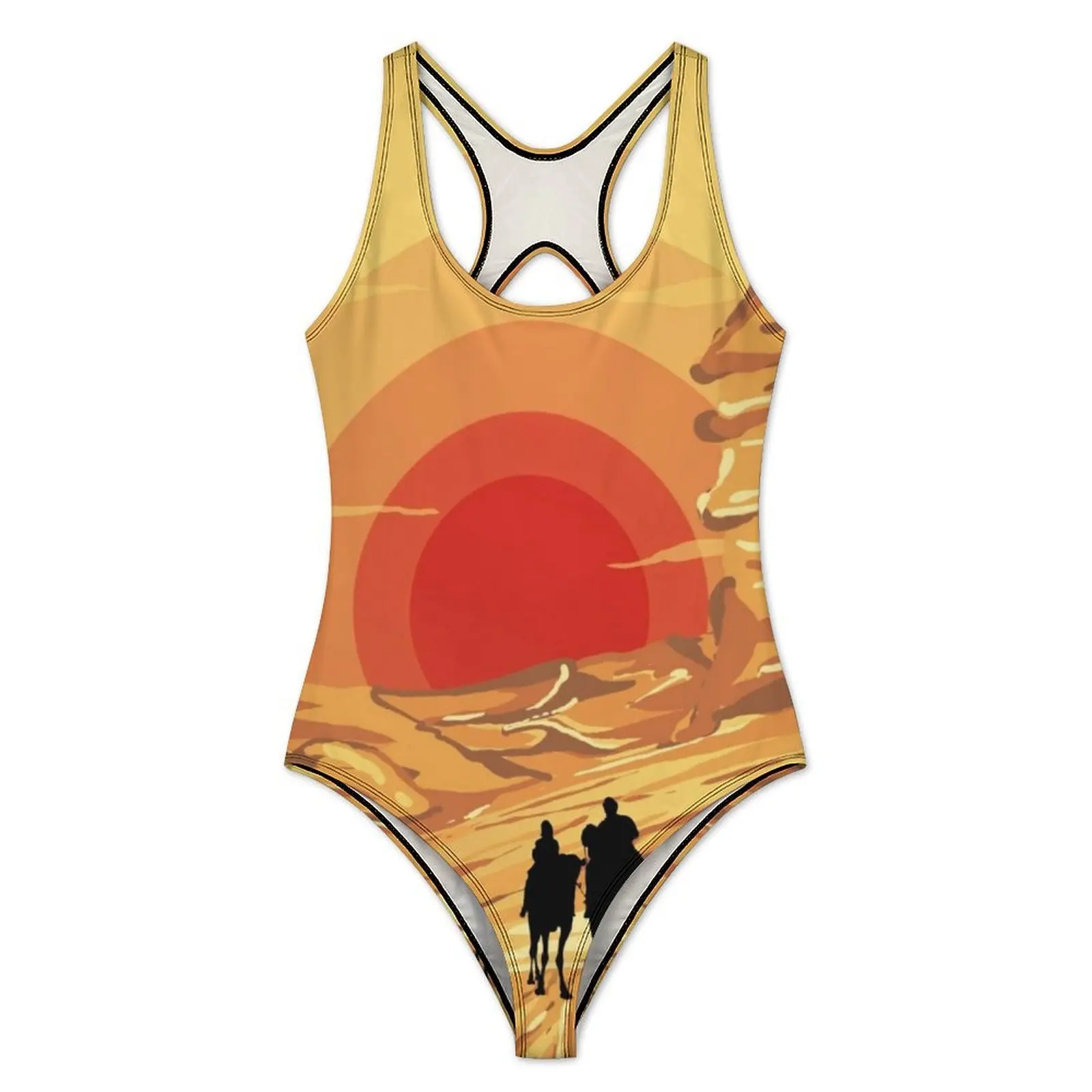 Desert Caravan Swimsuit Sexy Red Sunset Print One Piece Swimwear Push Up Bodysuit Vintage Holiday Swim Bathing Suit