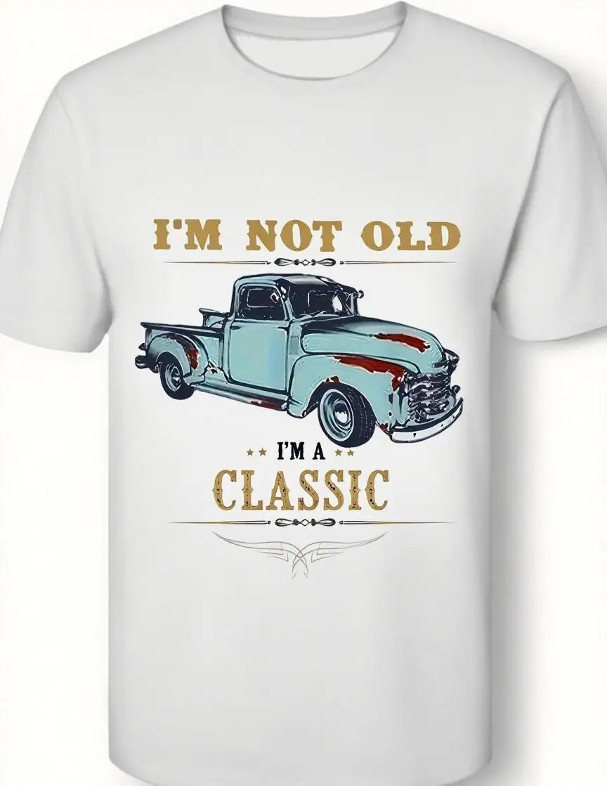 

New men's retro truck pattern T-shirt, cotton round neck short sleeved, machine washable, soft and breathable, couple's outfit