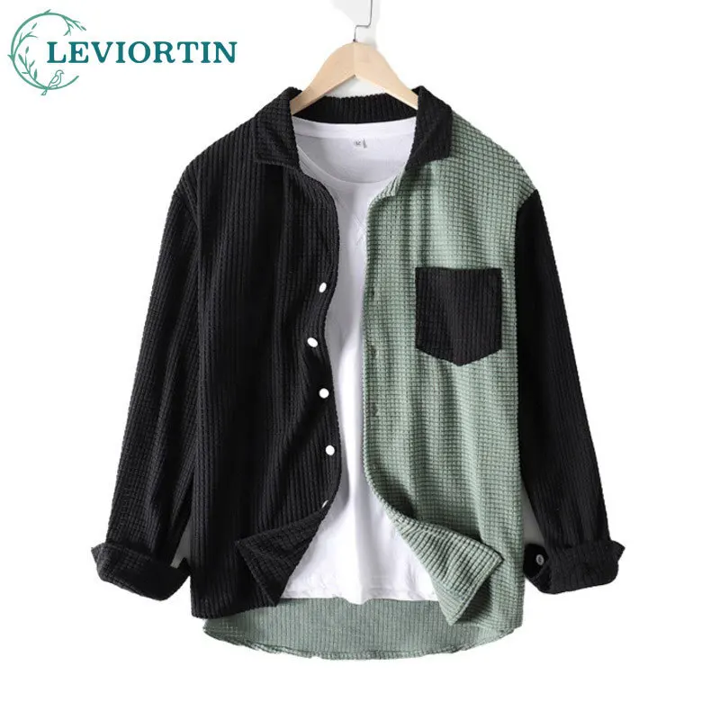 2025 Spring and Autumn Men's European and American Color blocked Long sleeved Shirt Waffle Loose and Versatile Casual Shirt Coat