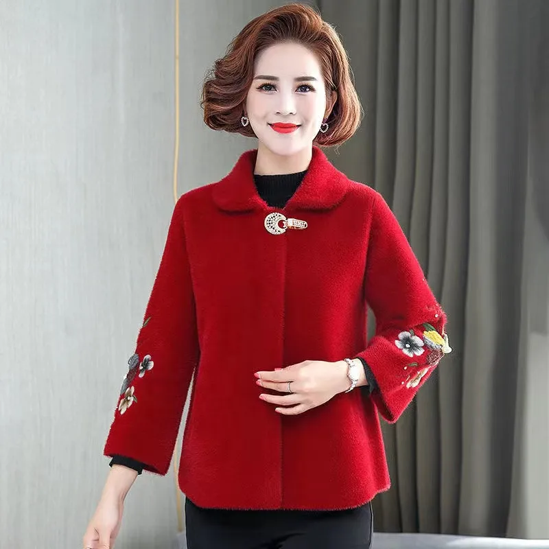 Mother Winter Jacket Short Thicken Imitation Mink Cashmere Coat Middle Aged Women Knitted Cardigan Jacket Female Woolen Overcoat