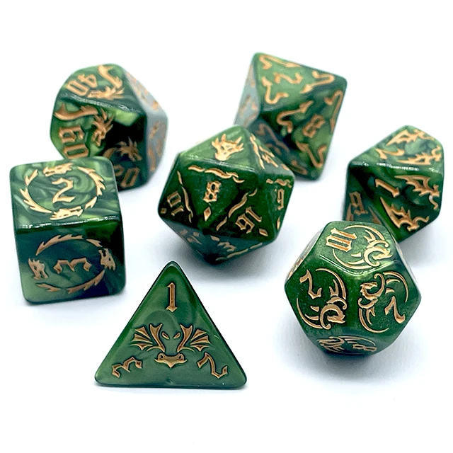 7Pcs Green Swirl Acrylic DND Dice Set Gold Embossed Dragon Pattern Polyhedral RPG Dice For Tabletop Role Playing Board Game Acce