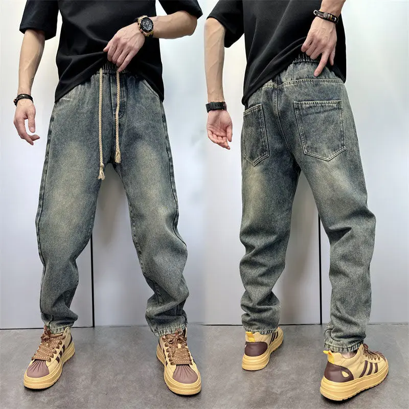 Amerikaanse trekkoord retro gewassen oude jeans heren trendy merk losse rechte casual sport lente herfst mode wijde broek