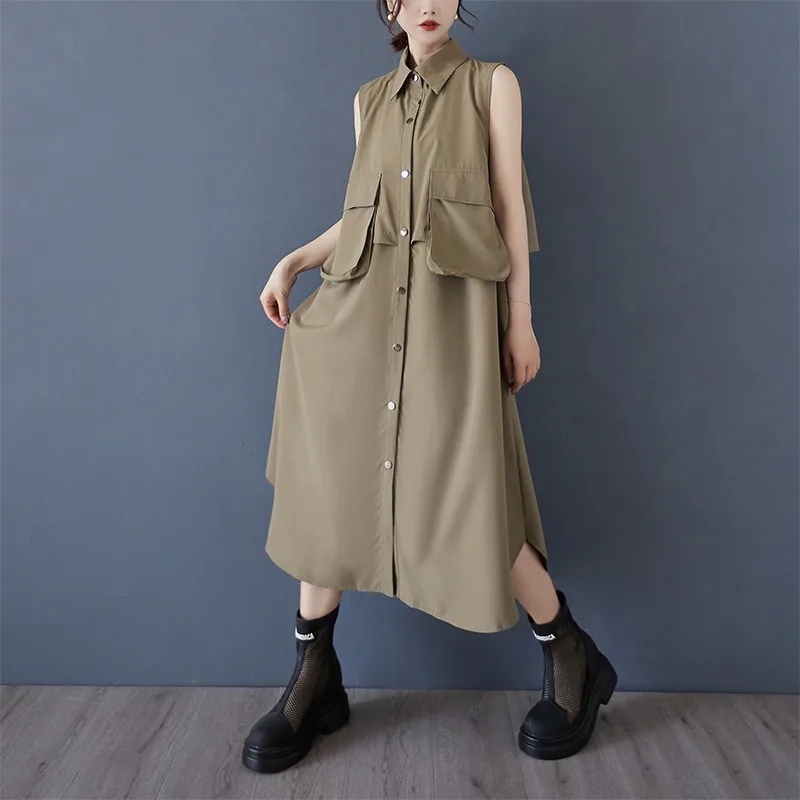 

Корейский стиль, персонализированное платье-жилет с большим карманом и воротником-поло, свободная и нишевая модная повседневная юбка средней длины