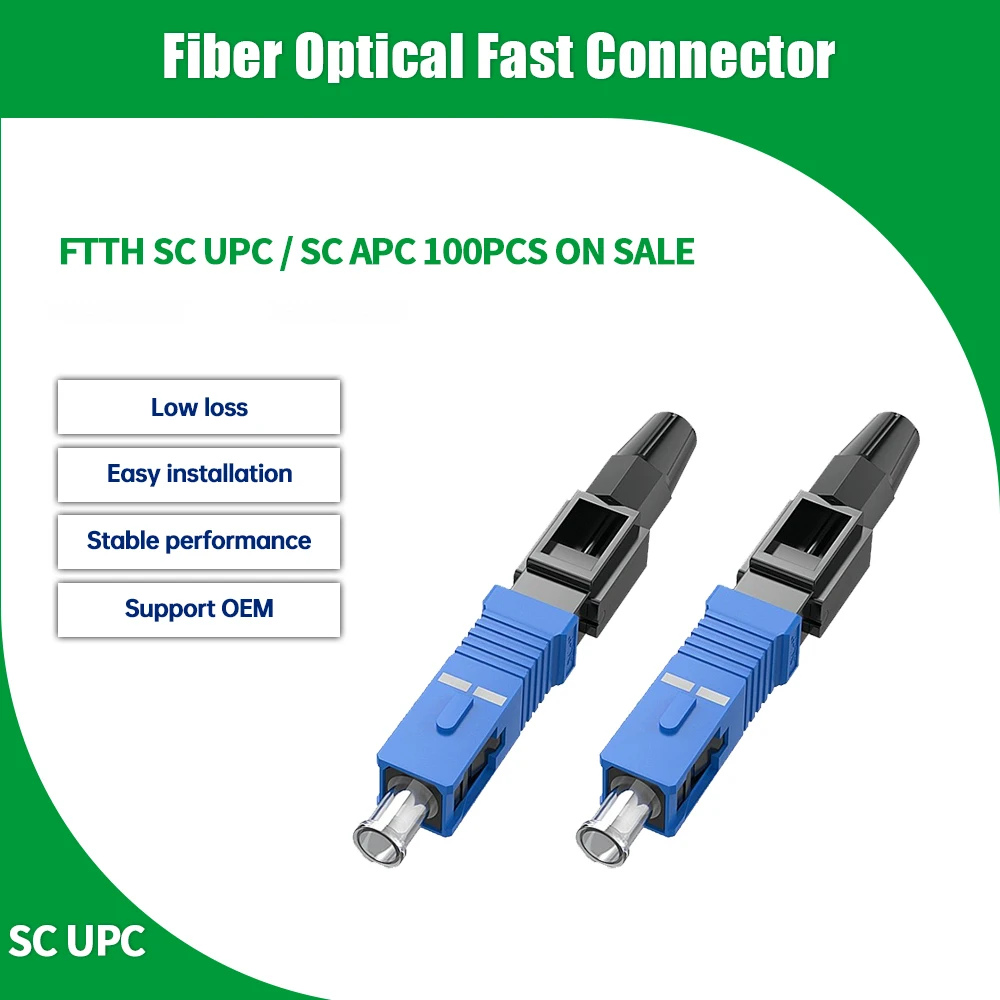 100 buah SC UPC APC konektor cepat FTTH rakit lapangan tertanam konektor cepat SC APC UPC adaptor optik serat