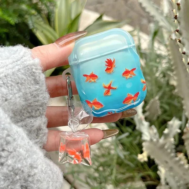 Силиконовый чехол для наушников с рисунком морской синей золотой рыбки для airpods 1, 2, 3, 4 pro 2, защитный чехол, прекрасный кулон с рыбой кои