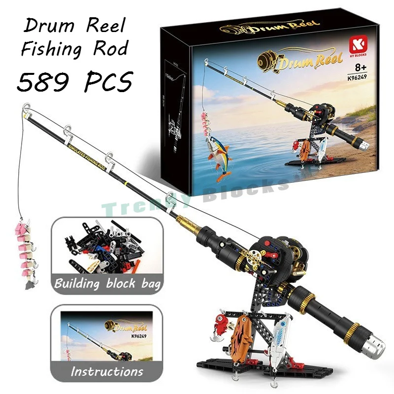 

589PCS Simulated Sea Fishing Rod with Drum Reel Building Blocks,Creative Ornament DIY Bricks Kid Boy Adult Toys Birthday Gifts